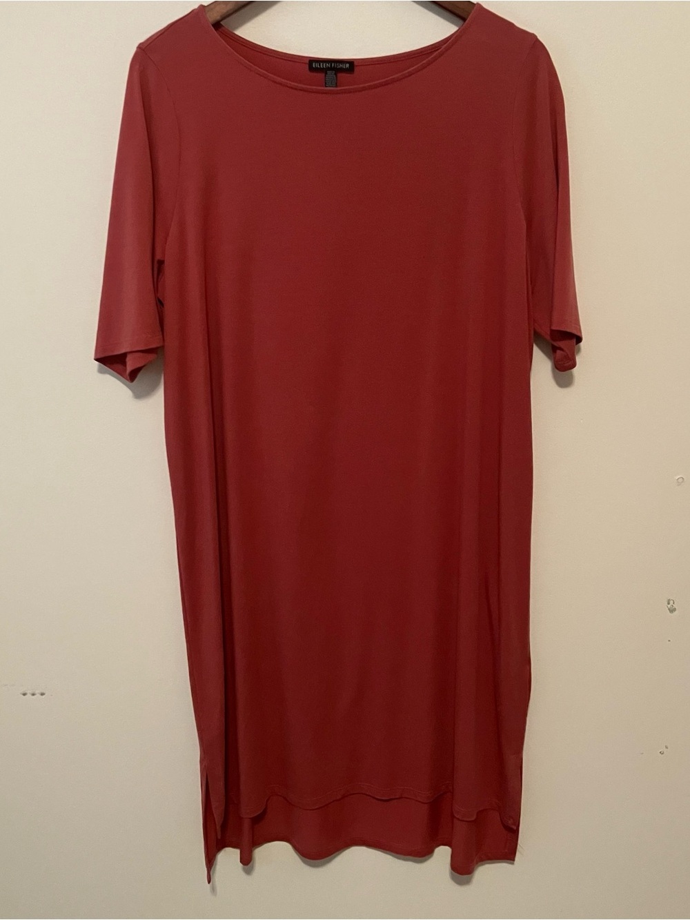 Eileen Fisher Women L Shift Tshirt Dress Tencel Blend Coral Short Sleeve Midi